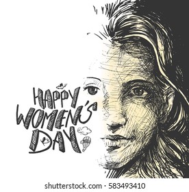 Happy Women's Day greeting card design. Hand Drawn Sketch Vector illustration.