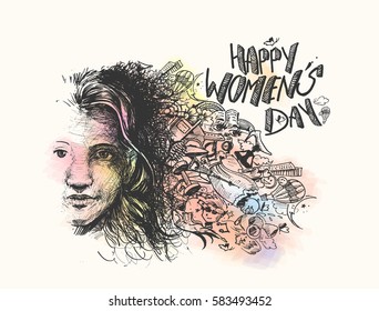 Happy Women's Day greeting card design. Hand Drawn Sketch Vector illustration.