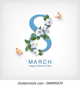 Happy women's day greeting card. Postcard on March 8. Text with flowers and butterflies