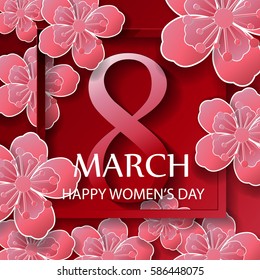 Happy women's day greeting card. Paper art flowers. Vector stock.