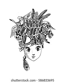 Happy Women's Day greeting card design. Hand Drawn Sketch Vector illustration.