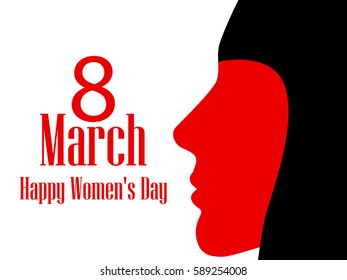 Happy Women's Day greeting card. 8 March. Female face with the text of congratulations. Holiday card. Vector illustration