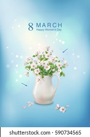 Happy women's day greeting card. Postcard on March 8. Spring white flowers in ceramic jug