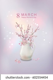Happy women's day greeting card. Postcard on March 8. Spring Cherry blossoms branch in ceramic jug with fallen petals and flowers