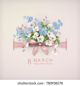 Happy womens day greeting card with a bow and a bouquet of flowers