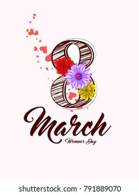 Happy women's day greeting card. Postcard on March 8. Text with flowers.