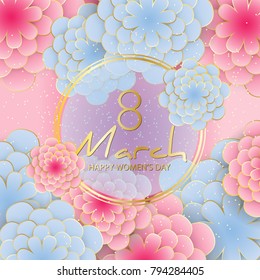 Happy Women's Day greeting card. Elegant floral background with 3d paper flowers, transparent frame for text, sparkling confetti. Origami trendy design template. Happy Mother's Day, 8 march.