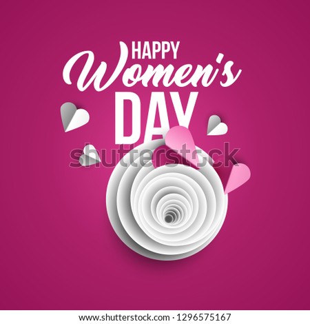 Happy Women's Day greeting card vector template. Rose bud, purple hearts paper cut composition. Illustration with handwritten lettering, origami. International women's day paper art poster design