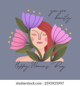 Happy Women's Day greeting card.Illustration of calm confident woman sitting in flowers symbolizing feminism and women's empowerment.8 march girl power movement,equal rights and self care concept.