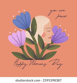 Happy Women's Day greeting card.Illustration of calm confident woman sitting in flowers symbolizing feminism and women's empowerment.8 march girl power movement,equal rights and self care concept.