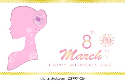 Happy Women's day greeting card,Paper art style girl face beautiful woman,writing letters" 8th March",Vector eps10.