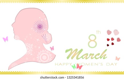 Happy Women's day greeting card,Paper art style girl face beautiful woman,writing letters" 8th March",Vector eps10.