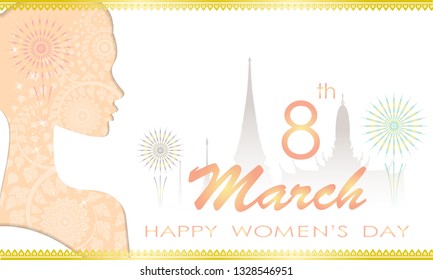 Happy Women's day greeting card,Paper art style girl face beautiful woman,writing letters" 8th March",Vector eps10.