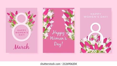 Happy Women's Day greeting cards set. Flower bouquet with pink tulips and white irises.