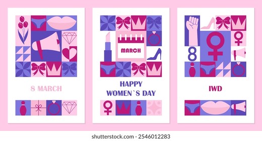 Happy Womens Day greeting cards. Set of modern geometric backgrounds. Abstract neo geometric pattern. Template for postcard or invitations. Vector illustration