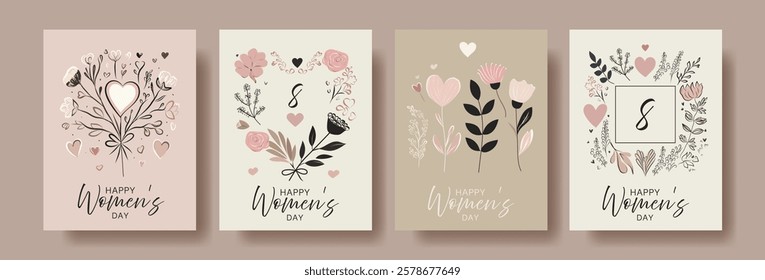 
Happy Women's Day greeting cards collection with floral and heart designs in soft pastel tones, featuring elegant typography and the number 8, perfect for International Women's Day celebrations