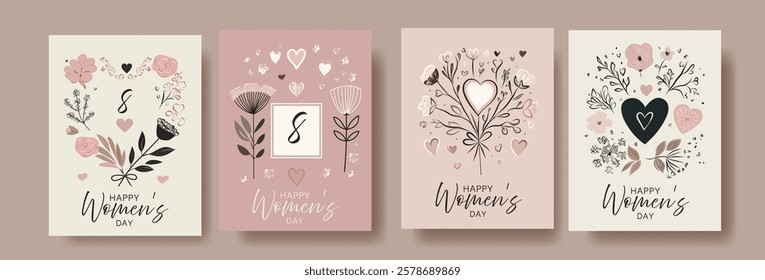 Happy Women's Day greeting cards collection with floral heart designs, number 8, and elegant typography in soft pastel tones, perfect for celebrating International Women's Day