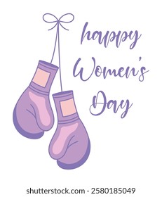 Happy Women's Day greeting with cartoon boxing gloves on a bow, in purple color