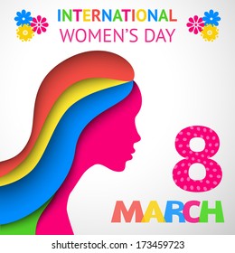 Happy Women's Day greeting or gift card on white background with women's silhouette cut out paper. Vector illustration for attractive beautiful holiday design. Colorful applique to 8 March. Pink color