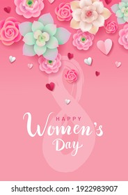 Happy Women's Day greeting poster or card design. Pink, green and creamy flowers with paper hearts on pink background. Hand-drawn lettering for design. - Vector