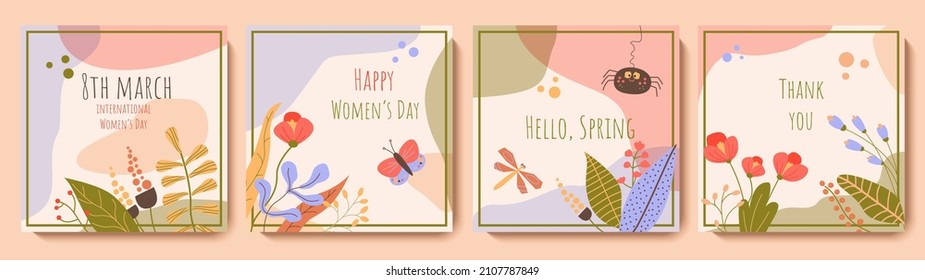 Happy Women's Day greeting square card set. Cute spring backgrounds with flowers, leaves, dragonfly, butterfly. Colorful vector templates for social media post, flyer, postcard design