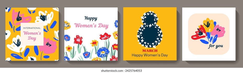 Happy Women's Day greeting square card set. Cute spring backgrounds with flowers, leaves, plants. Colorful vector templates for social media post, banner design, web internet ads.