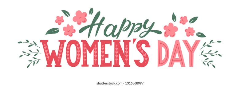 Happy Women's Day. Hand drawn lettering on white background.