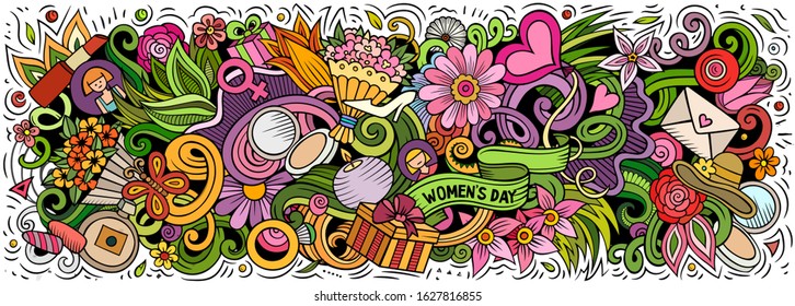 Happy Womens Day hand drawn cartoon doodles illustration. Seasonal funny objects and elements poster design. Creative art background. Colorful vector banner
