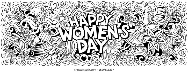 Happy Womens Day hand drawn cartoon doodles illustration. Holiday funny objects and elements poster design. Creative art background. Line art vector banner
