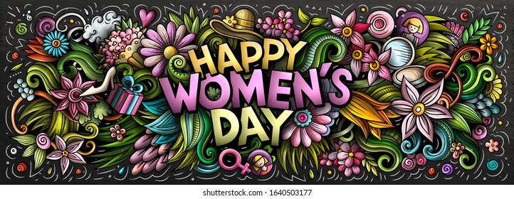 Happy Womens Day hand drawn cartoon doodles illustration. Holiday funny objects and elements poster design. Creative art background. Colorful vector banner