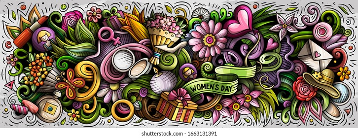 Happy Womens Day hand drawn cartoon doodles illustration. Seasonal funny objects and elements poster design. Creative art background. Colorful vector banner