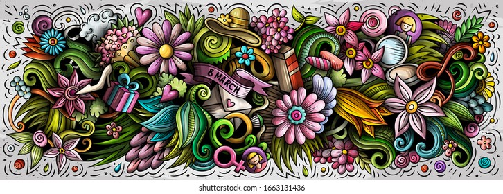 Happy Womens Day hand drawn cartoon doodles illustration. Seasonal funny objects and elements poster design. Creative art background. Colorful vector banner