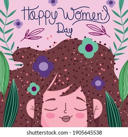 happy womens day hand drawn lettering face girl with flowers vector illustration