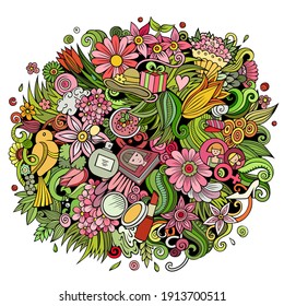 Happy Womens Day hand drawn cartoon doodles illustration. Spring Holiday funny objects and elements design. Creative colorful vector background.