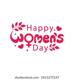 Happy Women's Day hand drawn lettering vector illustration with floral and heart icons. Women's Day script calligraphy for postcard, poster, banner design element. 8 March template design.