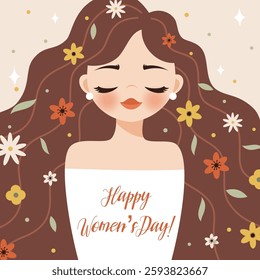 Happy Women's Day. Hand drawn girl with long hair and flowers. Modern vector illustration. Template for cards, congratulations, flyers, banners