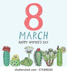  Happy Women's Day hand drawn poster with blossom cactus