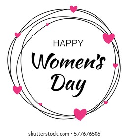 Happy Womens Day hand drawn typographic lettering with scribble circle isolated on white background with pink hearts flower. Vector Illustration of a Women's Day card.