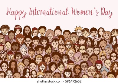 Happy Women's Day! Hand drawn doodle faces of various women