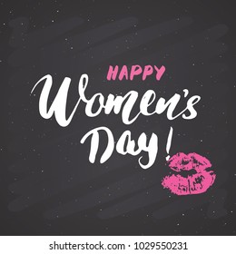 Happy Women's Day Hand letterings set. Holiday grunge textured retro design greeting cards vector illustration on chalkboard background.