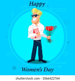 Happy Women's day. Handsome Man with glasses and a bouquet Roses. Vector illustration.
