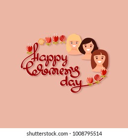 Happy Womens Day. Handwritten lettering isolated on pink background. Vector hand drawn calligraphy with abstract portraits of women. Typographic Design Elements for Greeting Cards.