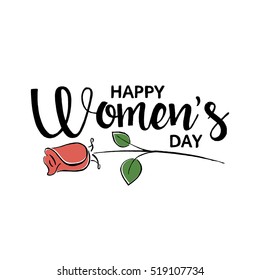 Happy Women's Day handwritten lettering. Modern vector hand drawn calligraphy with abstract rose isolated on white background for your greeting card design