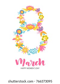 Happy Women's Day. Handwritten phrase and number 8 from two flowers wreaths on white background. 8 March party invitation, poster, banner or card design