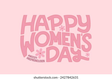 Happy women's day handwritten text. Vector lettering IWD 2024 poster. Typography design for greeting card, banner, sticker, social media.