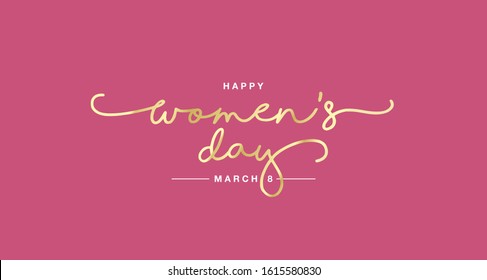 Happy Women's Day handwritten typography lettering gold white pink background banner