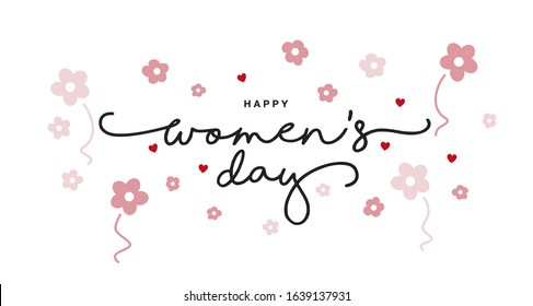 Happy Women's Day handwritten typography with pink flying flowers red hearts isolated white background