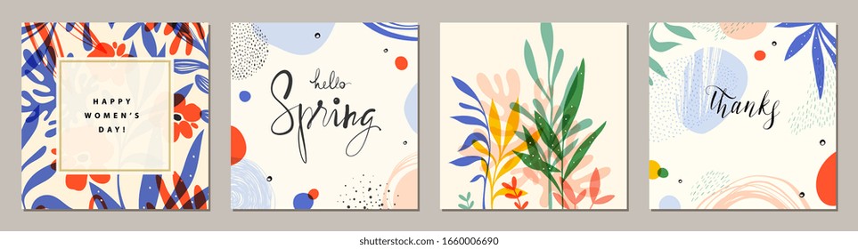 Happy Women's Day. Hello Spring. Trendy abstract square art templates. Suitable for social media posts, mobile apps, banners design and web/internet ads. Vector fashion backgrounds.