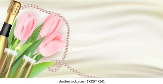 Happy Womens Day Holiday Congratulation Background with Pink Tulips, Pearl and champagne. Vector Illustration EPS10