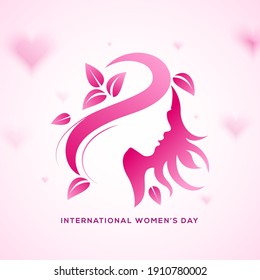 Happy Women's Day holiday illustration. pink gradient face with leaves and hairs. square format design ideal for web banner or greeting card. EPS10 vector.